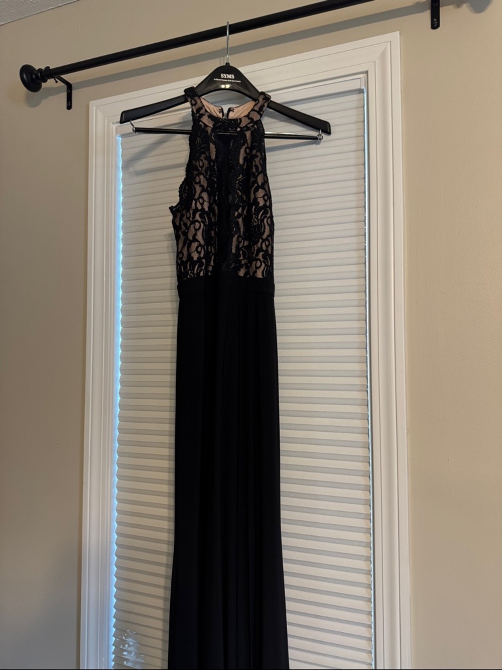Morgan & Co. Black Lace Halter Prom Gown
